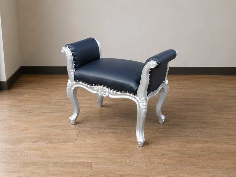 Stool, black leather seat, gray wood frame._J80DYYJX9I