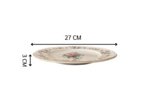 Ceramic plate with pink rose pattern and gold rim, Qualitier brand, Sweet Romance model, 27 cm.