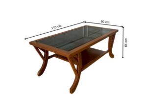 Wooden coffee table with curved legs and glass top.
