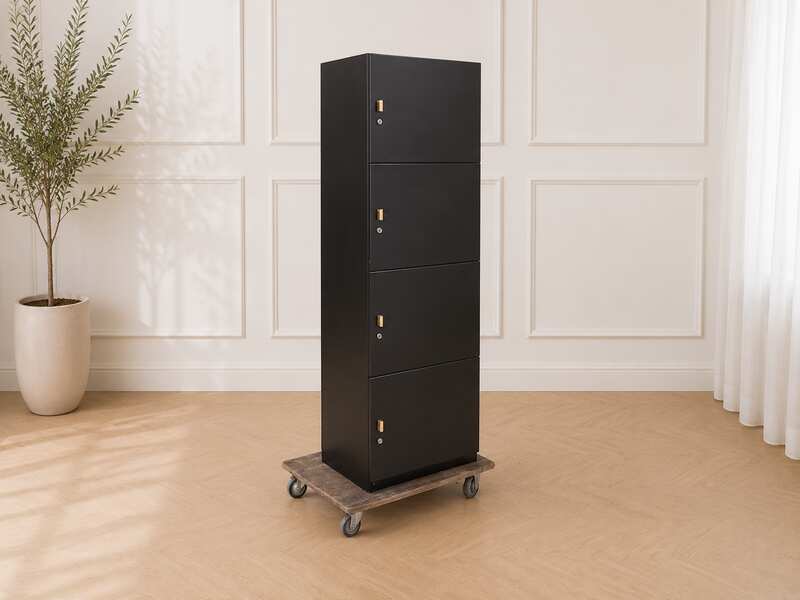 Tall wooden cabinet with 4 doors, opens to the left, black, has storage compartments inside._JRJSD6JFML