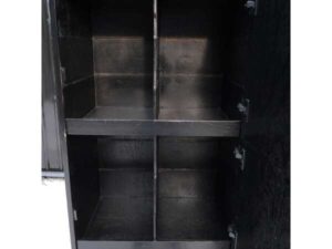Tall wooden cabinet with 4 doors, opens to the left, black, has storage compartments inside._JRJSD6JFML