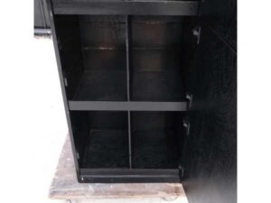 Tall wooden cabinet with 4 doors, opens to the left, black, has storage compartments inside._JRJSD6JFML