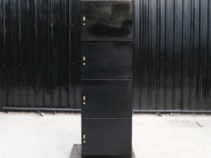 Tall wooden cabinet with 4 doors, opens to the left, black, has storage compartments inside._JRJSD6JFML