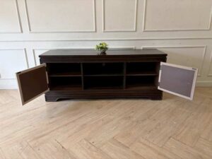 Wooden TV stand with 2 hinged doors and 6 storage compartments, dark brown color (1)