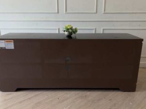 Wooden TV stand with 2 hinged doors and 6 storage compartments, dark brown color (1)