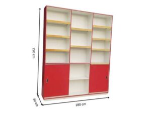 Wooden shelving unit with 2 sliding doors and 13 compartments, white and red.