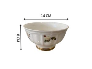 Ceramic cup with white rose pattern and gold rim, Quality Ceramic brand.