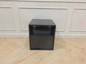 Black wooden cabinet with 1 drawer and 1 storage compartment.