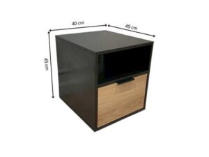 Black wooden cabinet with 1 drawer and 1 storage compartment.