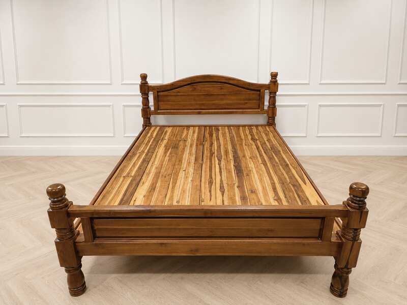 5 ft Classic Solid Teak Wood Bed Frame in Brown with High Headboard