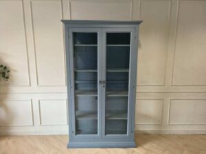 Vintage-Style Blue-Gray Wooden Display Cabinet with 2 Glass Doors