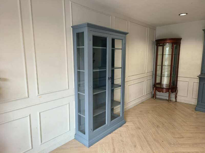Vintage-Style Blue-Gray Wooden Display Cabinet with 2 Glass Doors