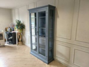 Vintage-Style Blue-Gray Wooden Display Cabinet with 2 Glass Doors
