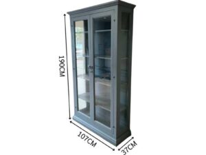 Vintage-Style Blue-Gray Wooden Display Cabinet with 2 Glass Doors