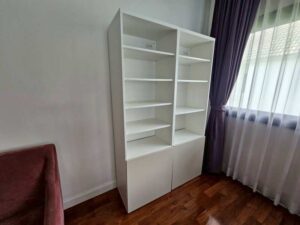 White wooden shelving unit with 2-door storage (1)