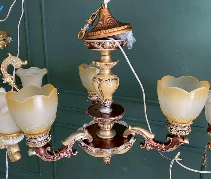 Vintage style chandelier, purple and cream colors.