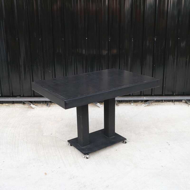 Black wooden frame table, steel legs, with wheels, hotel grade work._L94DQ0PP0K
