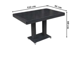 Black wooden frame table, steel legs, with wheels, hotel grade work._L94DQ0PP0K