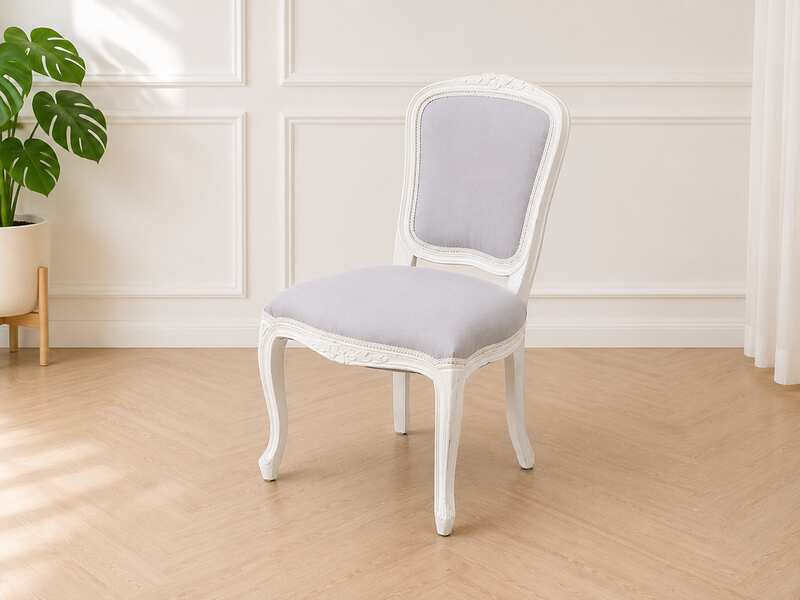 Louis style chair White teak frame, gray fabric upholstery._LJ6DFEAUL2
