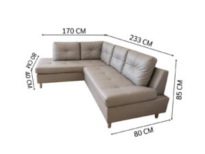 4-seater L-shaped sofa, grey leather upholstery, steel legs, Index brand, Ovira model.