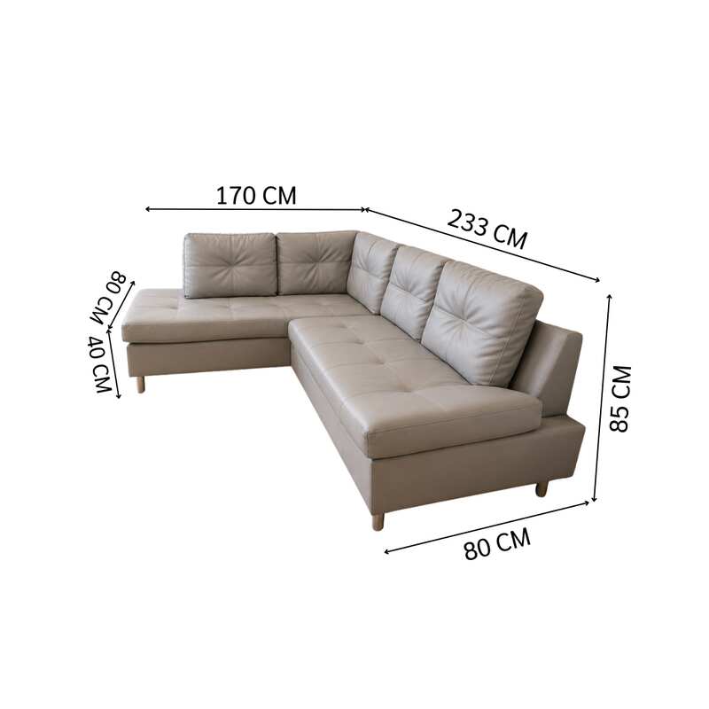 4-seater L-shaped sofa, grey leather upholstery, steel legs, Index brand, Ovira model.
