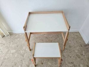 Children's activity table with adjustable bench (3 height levels), IKEA FLISAT model.