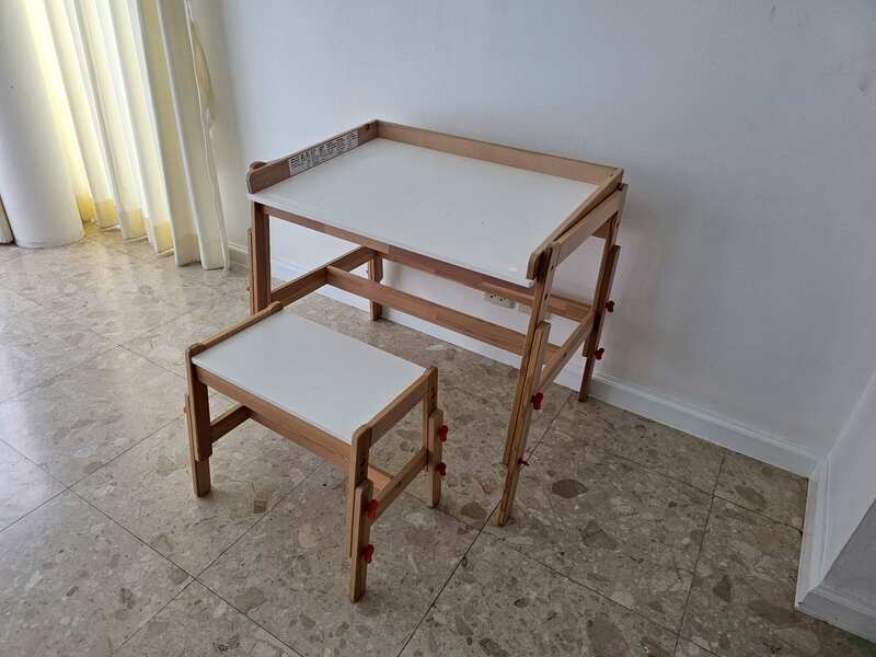 Children's activity table with adjustable bench (3 height levels), IKEA FLISAT model.