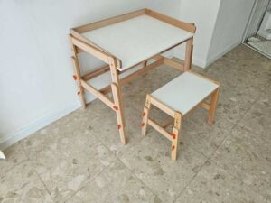 Children's activity table with adjustable bench (3 height levels), IKEA FLISAT model.