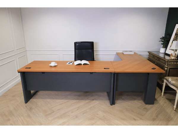 Executive desk set, 3 pieces connected together, L corner, wood top, Rockworth steel legs._LVNAHZYP46
