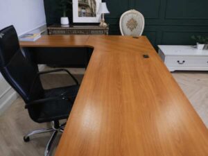 Executive desk set, 3 pieces connected together, L corner, wood top, Rockworth steel legs._LVNAHZYP46