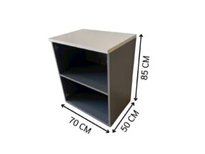 Two-tiered wooden filing cabinet with cable management compartment, gray color.