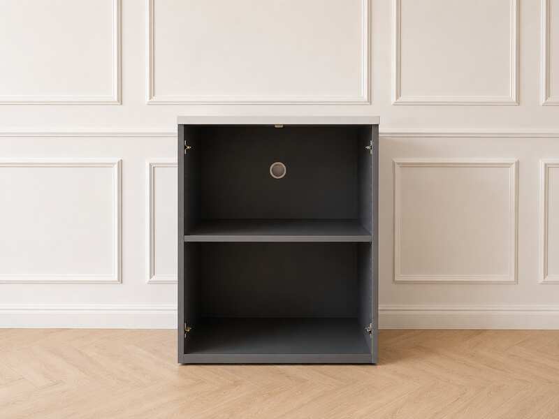 Two-tiered wooden filing cabinet with cable management compartment, gray color.