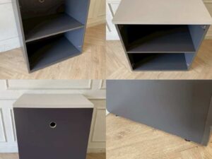 Two-tiered wooden filing cabinet with cable management compartment, gray color.