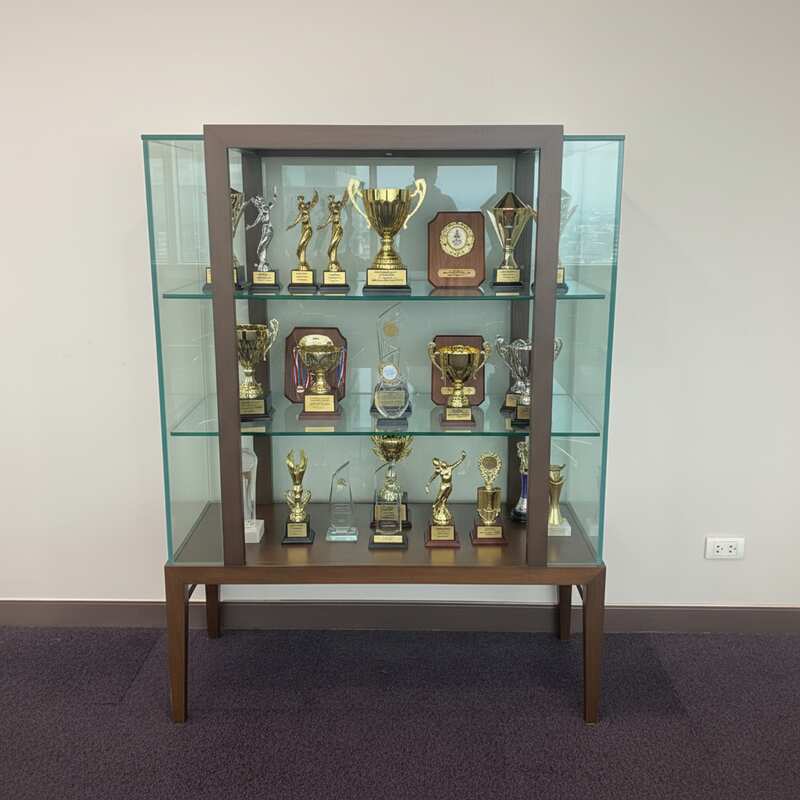 Three-tiered glass display case with wooden frame