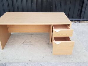 Two-drawer desk, brown wooden frame, 165 cm wide