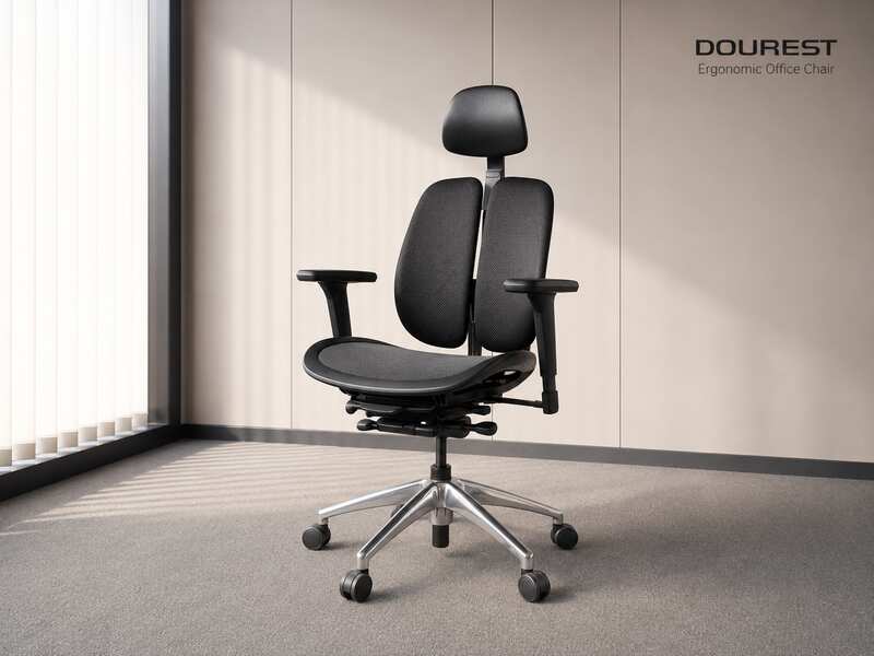 Office chair, steel legs, mesh seat, fabric backrest, with headrest, black, DOUREST brand._MKBU41QIRM