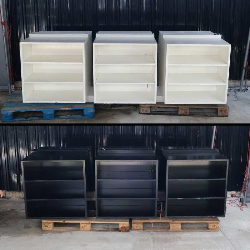 Set of large wooden product shelves, 2 sides, 3 compartments on each side / 3 shelves per compartment (available in white and black)