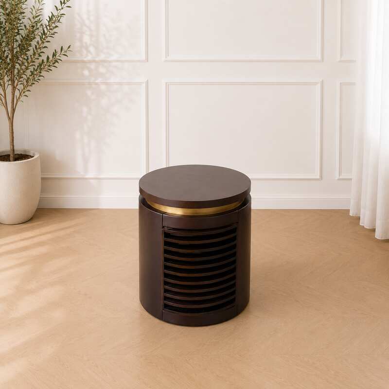 Hotel side table, wooden top, brown leather cover. Golden lid edge Inside is spacious for storing things._N4R65MGWUE
