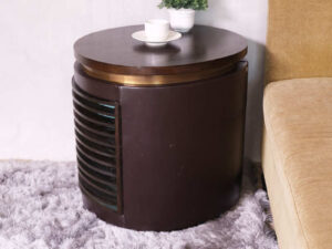 Hotel side table, wooden top, brown leather cover. Golden lid edge Inside is spacious for storing things._N4R65MGWUE