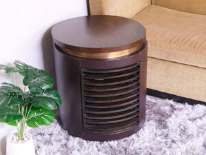 Hotel side table, wooden top, brown leather cover. Golden lid edge Inside is spacious for storing things._N4R65MGWUE