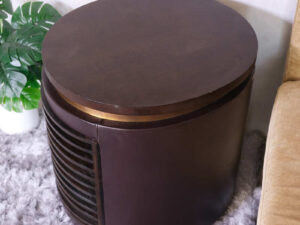 Hotel side table, wooden top, brown leather cover. Golden lid edge Inside is spacious for storing things._N4R65MGWUE