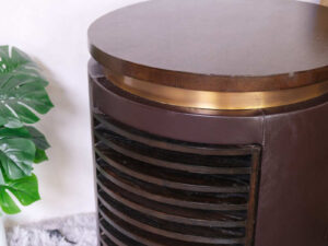 Hotel side table, wooden top, brown leather cover. Golden lid edge Inside is spacious for storing things._N4R65MGWUE