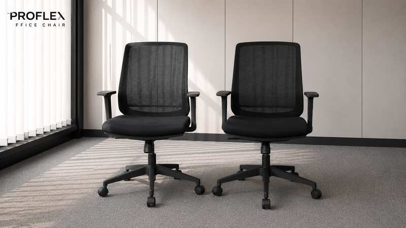 Proflex office chair with fabric upholstery, plastic legs, and a black mesh backrest._N9ETZ4CMH3