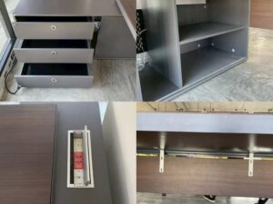 Executive L-shaped corner desk with 3 drawers, 2 shelves, and power strip. PROFLEX brand.