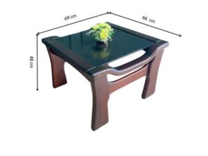 Wooden coffee table with glass top, solid gray color.
