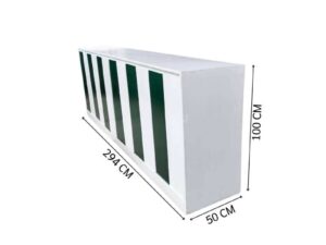 Multipurpose wooden storage cabinet with 6 compartments, white with green stripes.