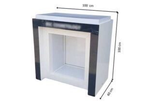 Two-door wooden display cabinet, white and black.