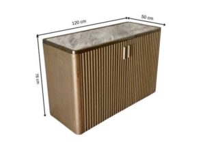 A rectangular, modern luxury wooden cabinet with two doors, in brown with gold stainless steel trim.