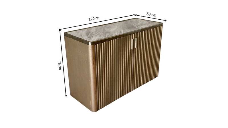 A rectangular, modern luxury wooden cabinet with two doors, in brown with gold stainless steel trim.