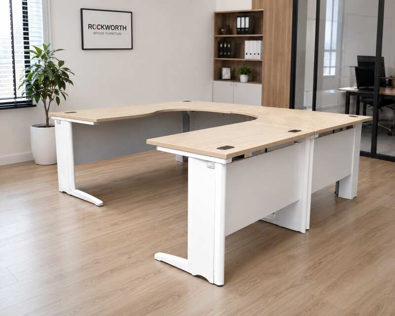 Executive desk set, 3 pieces connected together, steel legs, wood top, Rockworth brand._Q4OAW23EMQ_OA6RMMQA2F